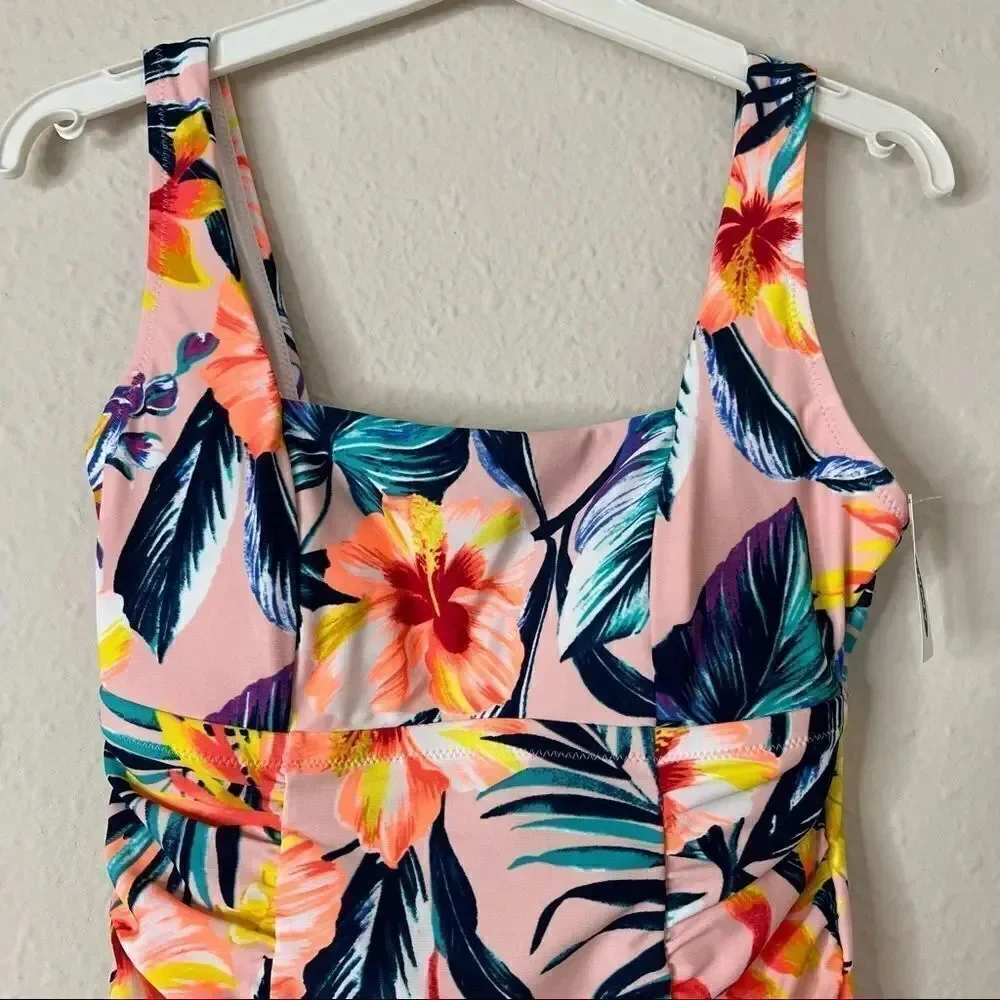 Old Navy Square Neck One Piece Tropical Floral Print Swimsuit Size Small
